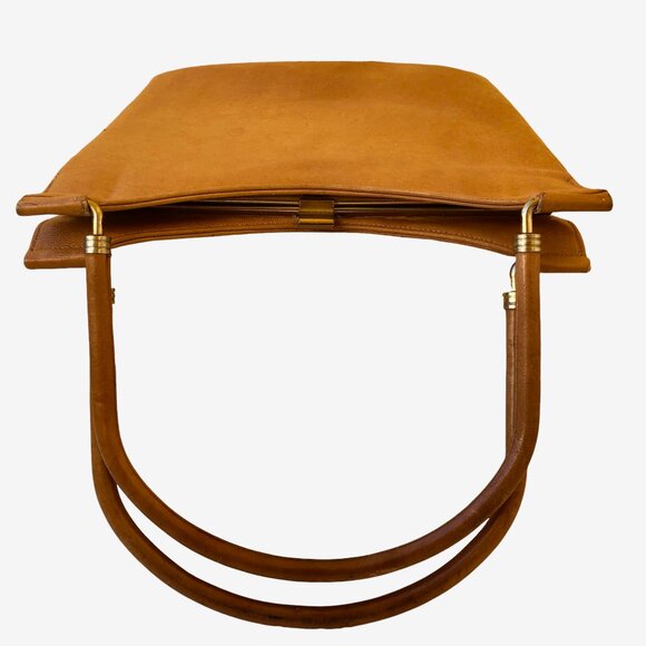 Vintage 60's Tan Brown Leather Handbag Purse with Covered Metal Handles - Picture 14 of 14